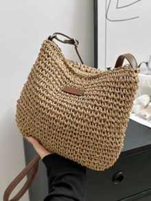 字母贴片装饰，女士度假包，假日，草编钱包，草编沙滩包，沙滩必需品，沙滩必备品，沙滩用品和夏季必备品，沙滩钱包，非常适合夏季、度假和日常使用，旅行必备品