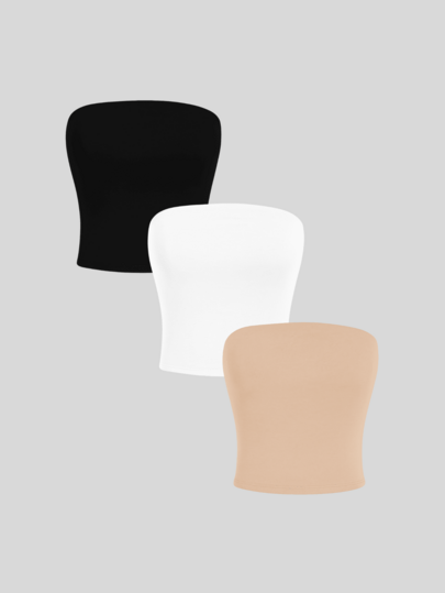 Kit com 3 Cropped Tubinho Top Tube Feminino Marrom Branco e Preto Modelagem Acinturada