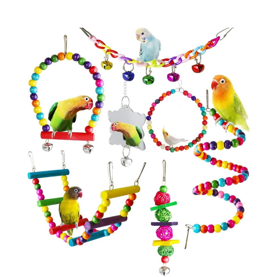 Juguetes para pájaros como periquitos y cacatúas, campana colgante de madera natural, hamaca, escalera, perchas de madera, espejo y juguete para masticar para agapornis, periquitos, loros en un set de accesorios y campana de color aleatorio