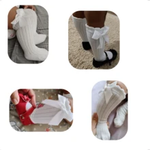 Plain 3/4 Knee-Length Socks With Satin Bow For Girls Baptism Christening Baby Children White - 白色 - 查看 3