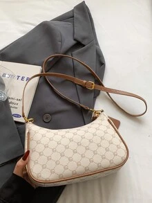 Ta modna, klasyczna i uniwersalna torba na ramię/pod pachę w kształcie półksiężyca z graficznym wzorem liter, wykonana z wodoodpornego materiału PU w jednolitym kolorze, nadaje się na zakupy i można ją nosić na ukos.