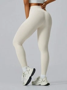 NcmRyu 1pc Women's Elastic Solid Color Versatile Outer Wear Running Shaping Lifting Waist Sports Leggings - White - View 1