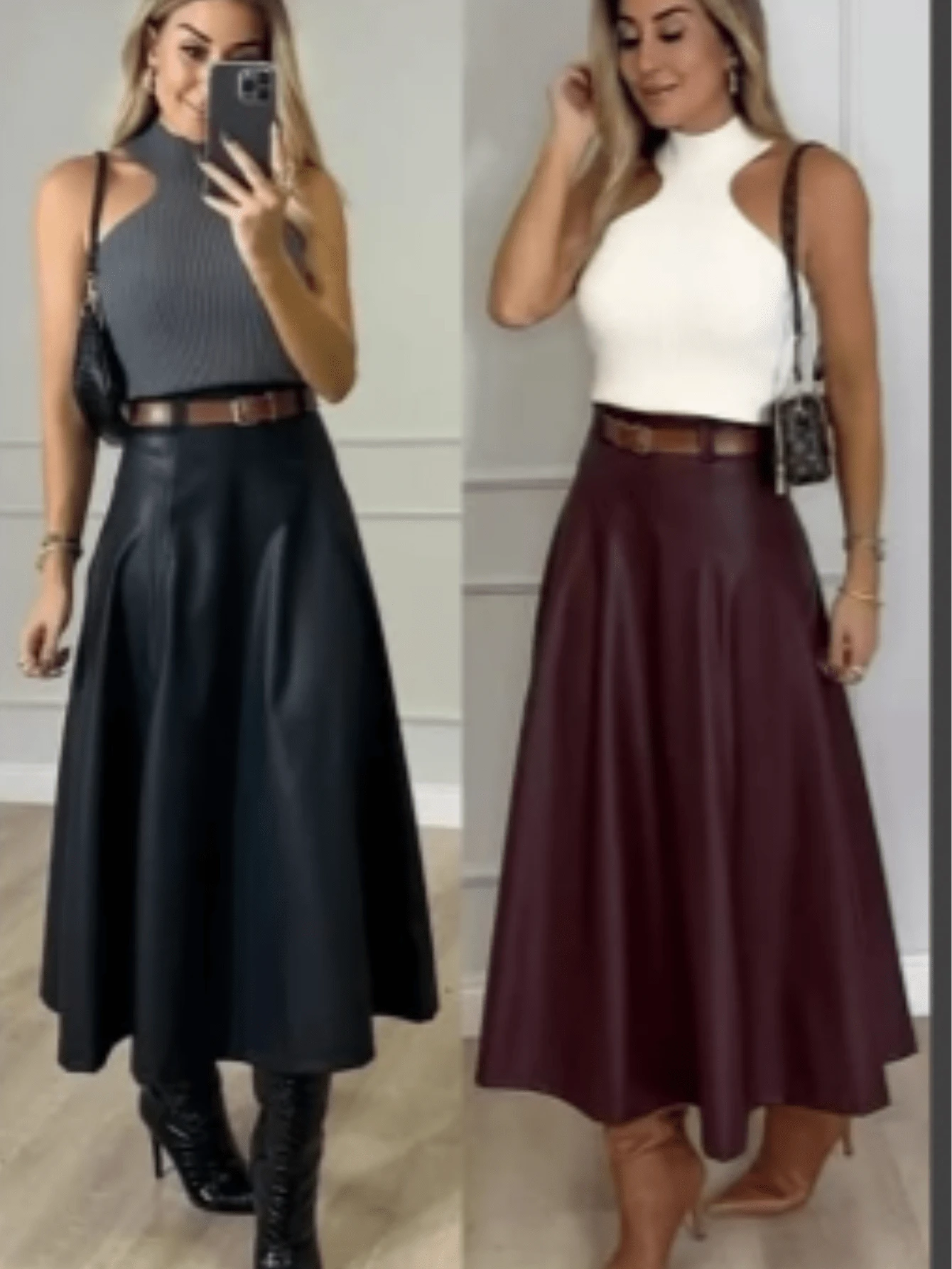 Women's Leatherette Midi Skirt With Rounded High Waist. - 酒紅色 - 查看 1