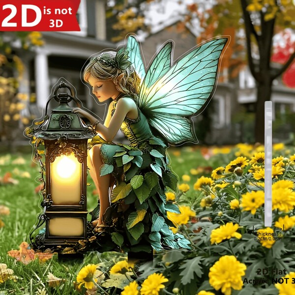 2D Flat Acrylic Fairy Garden Stake With Lantern-Charming Outdoor Decoration, Suitable For Lawn, Garden And Terrace, Perfect For Easter Or Year-Round Display, Outdoor Decoration | Fairy Tale Theme Decoration | Durable Plastic