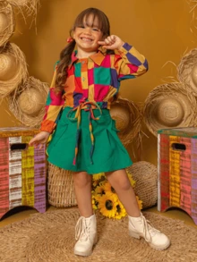 June Party Set Plaid Girl Children's Matching Skirt And Blouse Blogger São João - Green - View 7