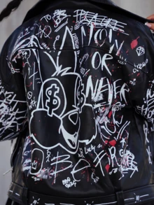 SAYEHFBABY Chaqueta de estilo punk gótico con letras y grafitis de colores - Negro - Ver 6