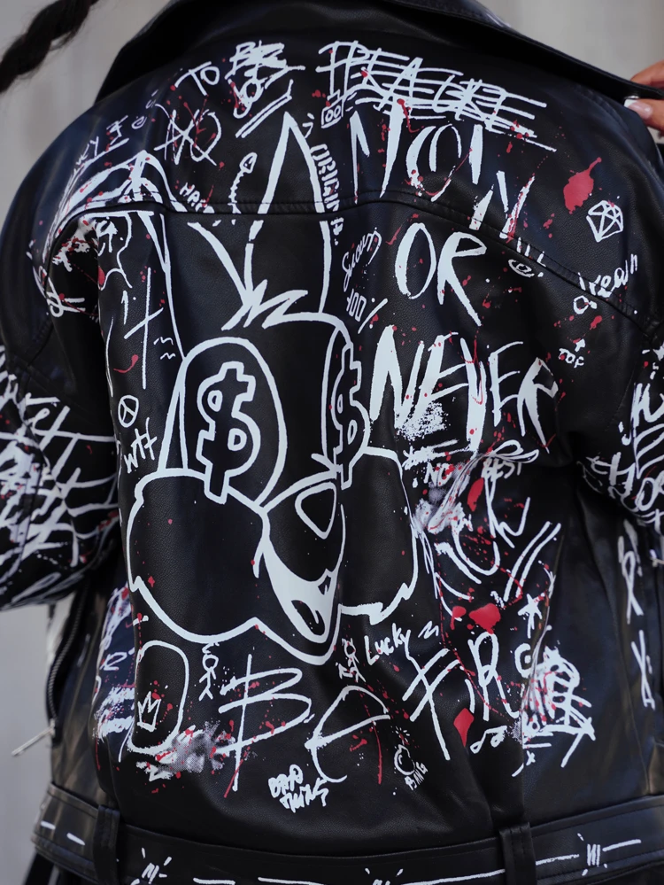 SAYEHFBABY Colorful Graffiti Letter Gothic Punk Style Leather Jacket  - Black - View 6
