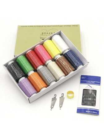 12 件套缝纫线盒套装，涤纶线，带针和穿线器，预绕线轴，缝纫线套件，适用于绗缝、手工缝纫、机器缝纫，多种颜色