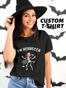 Camiseta personalizada de Halloween (1 unidade), Camiseta personalizada com nome, Camiseta personalizada com foto, Camiseta personalizada para namorado, Presente de Halloween, Presente de aniversário, Presente de casamento, Presente de Dia das Mães, Presente para melhor amiga, Presente para mãe/namorada/esposa/amiga - Preto - Ver 3
