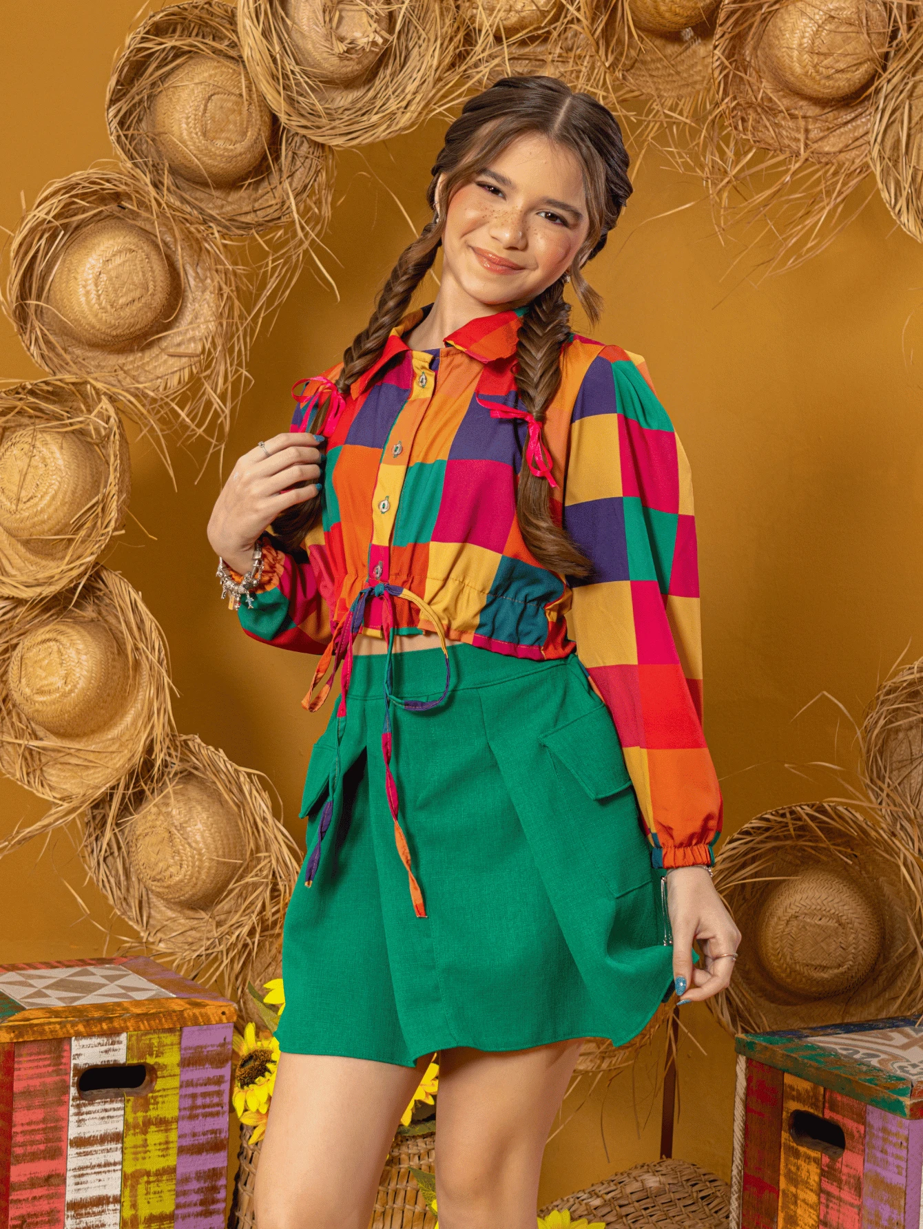June Party Set Plaid Girl Children's Matching Skirt And Blouse Blogger São João - Green - View 1