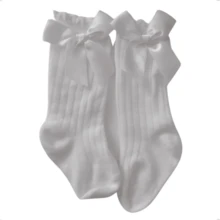 Plain 3/4 Knee-Length Socks With Satin Bow For Girls Baptism Christening Baby Children White - 白色 - 查看 5