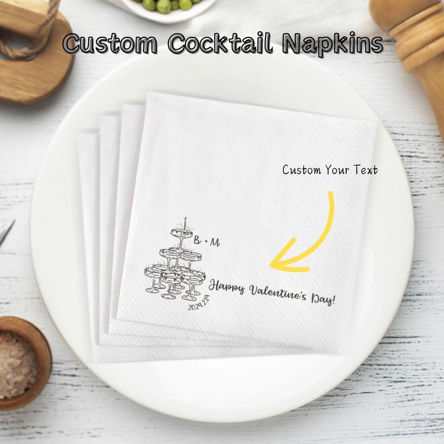 20/50/100pcs Personalized Cocktail Napkins, 3-Ply Custom Rehearsal Dinner Napkins For Table Decorations, Disposable Beverage Dessert Napkins For Party, Wedding, Anniversary, Engagement Party, Bar, Custom Event Napkins - White - View 1