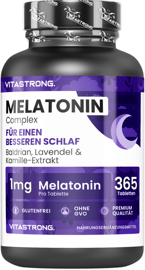 Vitastrong Melatonin-Komplex 365 Mikrotabletten, Melatonin 1 mg mit Kamille, Baldrian, Lavendel und Vitamin B6, Melatonin für Schlaf, Durchschlaf, Jetlag, reines Melatonin mit langsamer Freisetzung, zuckerfrei