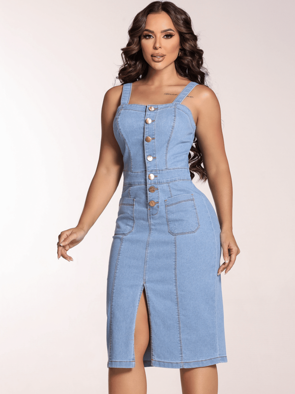 Taue Jeans Vestido Jeans Feminino Midi Alcinha Lycra Botão Fenda Premium Denim