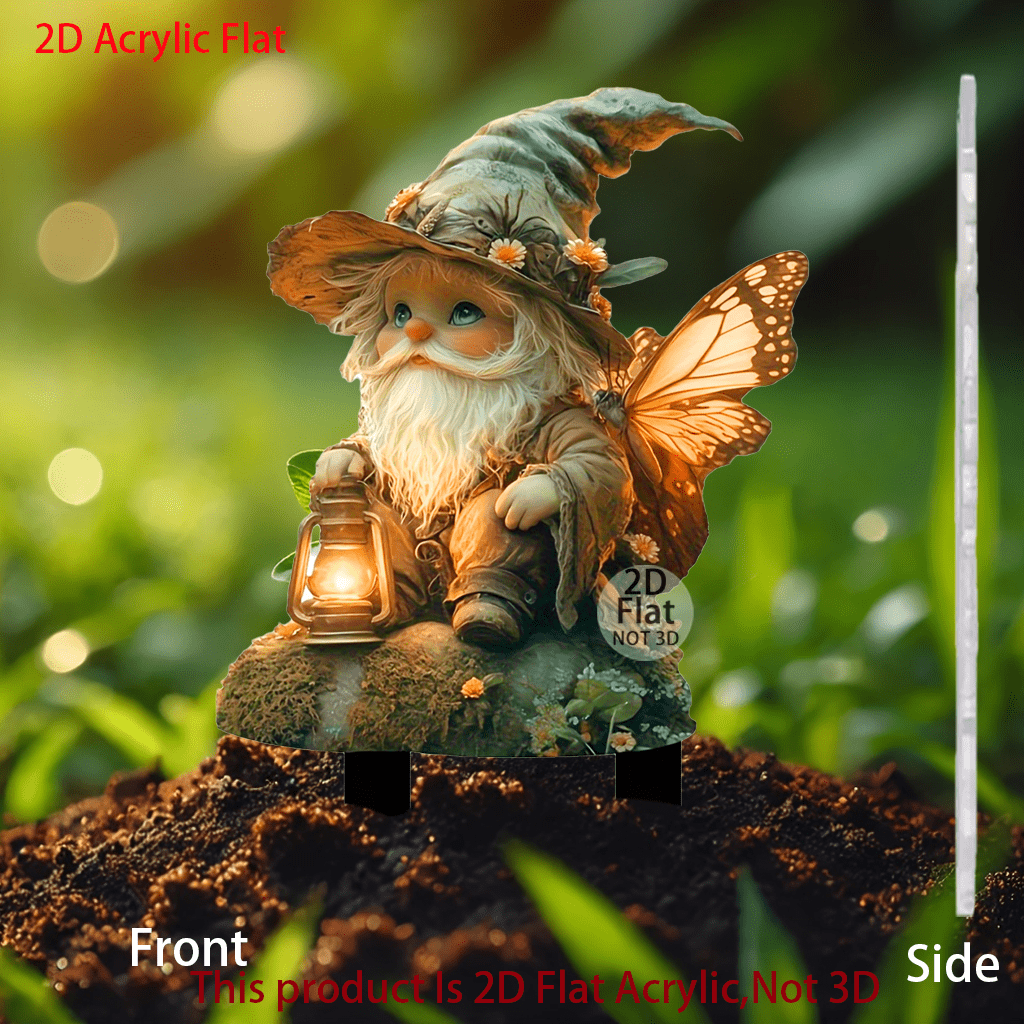 1pc 2D Acrylic Multi-Functional Lively Garden Decoration, Classic Fairy Tale Butterfly Wing Gnome, Outdoor Holiday Decor, Suitable For Potted Plants, Lawn Ground Stake, No Electricity Required