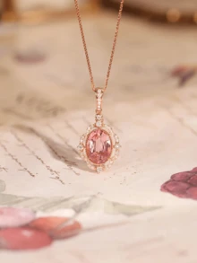 1pc Charming Pink Zirconia Flower Shaped 925 Sterling Silver Necklace For Women, Everyday Wear - Hoa hồng vàng - Xem 7