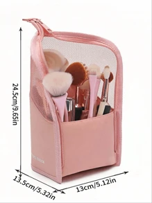 1pc Pink Makeup Brush Case With Zipper,Transparent Pvc Waterproof Travel Makeup Brush Holder ,Portable Makeup Brush Bag, Professional Cosmetic Bag ,Artist Storage Bag, Essentials Stand-Up Foldable Makeup Cup For Home,Gift,Vacation ,Travel