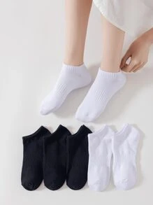 6 Pairs Unisex Black & White Elastic Waist Simple Breathable Ankle Socks, Versatile For All Seasons