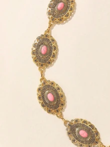Retro Oval Floral Engraved Antique Silver Waist Chain, Versatile Metal Waist Belt For Dresses And Pants