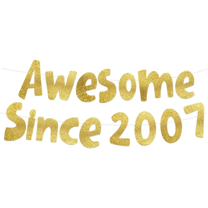 “2007年至今”主题横幅，适用于18/19岁生日派对装饰，祝18/19岁男孩女孩生日快乐，手工制作 - 金色闪光18/19岁生日派对横幅
