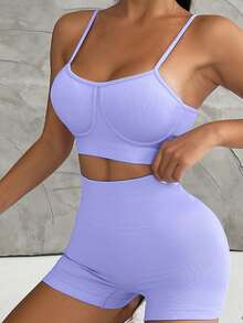 NcmRyu 2 件套露背吊带背心，带衬垫和罗纹面料，高腰速干修身短裤，休闲夏季运动装 - 紫色 - 查看 1