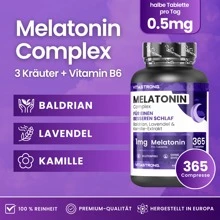 Vitastrong Melatonin-Komplex 365 Mikrotabletten, Melatonin 1 mg mit Kamille, Baldrian, Lavendel und Vitamin B6, Melatonin für Schlaf, Durchschlaf, Jetlag, reines Melatonin mit langsamer Freisetzung, zuckerfrei