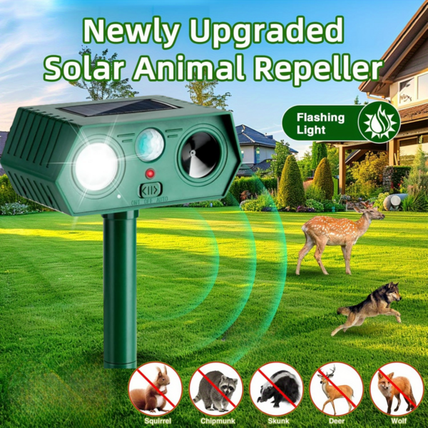 Repelente de animais para áreas externas, repelente de mosquitos, repelente de insetos e camundongos com luz LED piscante e sensor de movimento - Tecnologia de energia solar - Bateria de 1200 mAh, carregamento solar, para controle de pragas em jardins e fazendas, repelente de pragas para veados, guaxinins, esquilos, coelhos, raposas e ursos