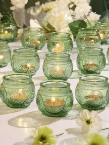 6个复古玻璃烛台，绿色玻璃茶蜡烛台，适用于婚礼餐桌装饰、新娘送礼会、派对装饰、波西米亚风茶会装饰、婚礼派对宾客礼物 - 綠色 - 查看 6