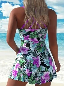 女士性感波西米亚碎花吊带背心，心形领口，交叉露背设计，抽绳细节，短裤下摆，适合沙滩穿着