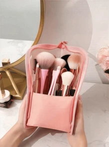 1pc Pink Makeup Brush Case With Zipper,Transparent Pvc Waterproof Travel Makeup Brush Holder ,Portable Makeup Brush Bag, Professional Cosmetic Bag ,Artist Storage Bag, Essentials Stand-Up Foldable Makeup Cup For Home,Gift,Vacation ,Travel