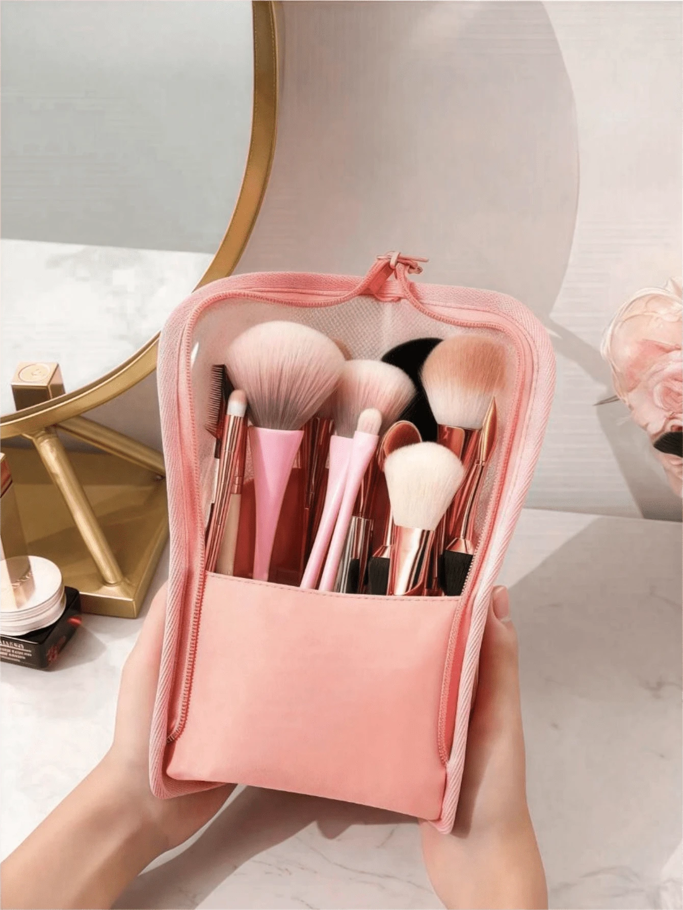 1pc Pink Makeup Brush Case With Zipper,Transparent Pvc Waterproof Travel Makeup Brush Holder ,Portable Makeup Brush Bag, Professional Cosmetic Bag ,Artist Storage Bag, Essentials Stand-Up Foldable Makeup Cup For Home,Gift,Vacation ,Travel