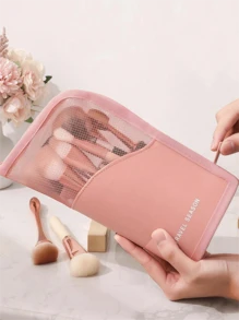 1pc Pink Makeup Brush Case With Zipper,Transparent Pvc Waterproof Travel Makeup Brush Holder ,Portable Makeup Brush Bag, Professional Cosmetic Bag ,Artist Storage Bag, Essentials Stand-Up Foldable Makeup Cup For Home,Gift,Vacation ,Travel