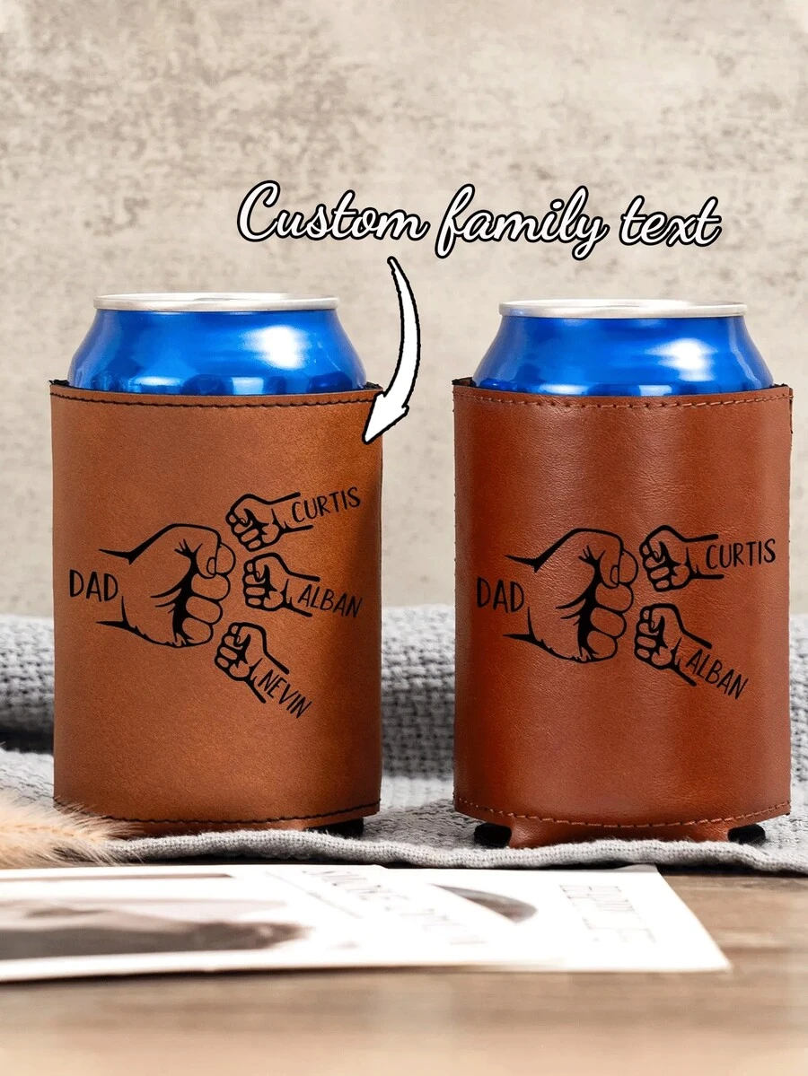 Personalized Leather Fist Bump Beer/Cocktail Bottle Cooler, Father's Day Gift, Family Name, Kids' Names, Groomsman Gift, Family Gift, Dad's Birthday Gift, Personalized Gift For Dad, Grandpa (No Bottle Included) - Multicolor - View 1