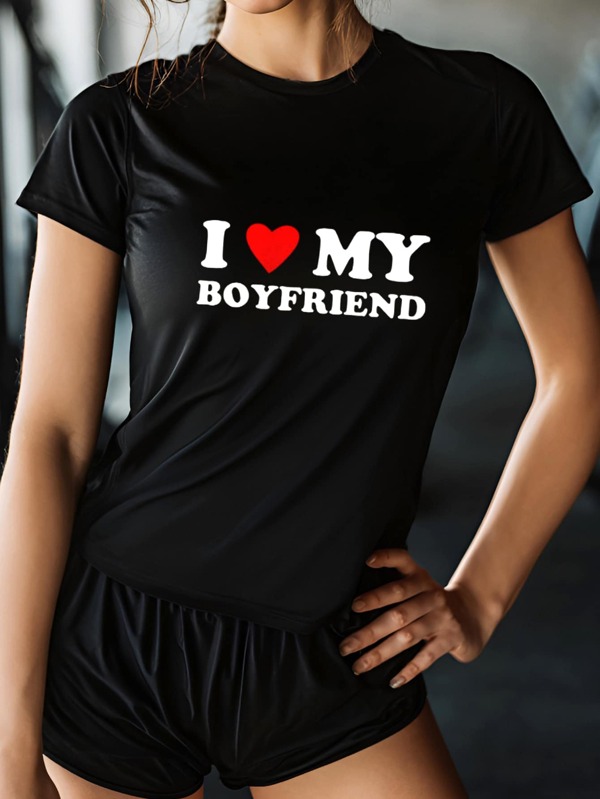 Women T-Shirt Women's Short Sleeved Solid Color Casual T-Shirt With Round Neck T-Shirt Active Running Round Neck T-Shirt Training Exercise Gym Sports Top Lightweight Boyfriend Style Casual Wear I Love My Boyfriend