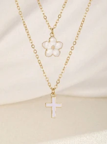 2pcs/Set Beautiful Sweet Five-Petal & Cross Pendant Necklace For Girls Summer Beach Party Holiday Travel Jewelry Accessory For Daily Wear