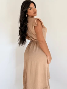 Simple Elegant Beige Wrap Dress Casual Boho Pleated Asymmetrical Ruffle Hem Wedding - Màu be - Xem 2