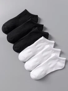 6 Pairs Unisex Black & White Elastic Waist Simple Breathable Ankle Socks, Versatile For All Seasons