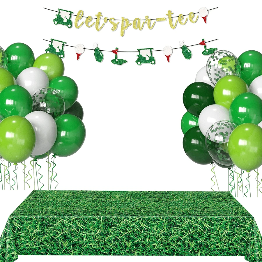 Golf Birthday Party Decorations Golf Themed Party Supplies Includes Green Balloon Set, Grass Tablecloth, Let's Par-Tee Banner, Golf Themed Birthday Banner Retirement Party Decor For Golf Lover, Golf Party Decorations, Gold Glitter - Golf Party Set - View 1
