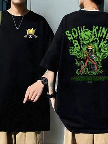 Brook One Piece Music Skull T-Shirt Anime Manga Japan Binks No Sake Cartoon 100% Cotton Unisex Plux Size Fashion Punk Street Casual Shirt Men Women Streat Streatwear Immediate Shipping - 黑色 - 查看 1