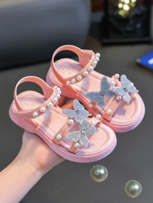 2023 年新款时尚女童蝴蝶结凉鞋系带平底沙滩拖鞋夏季 - 粉色 - 查看 2