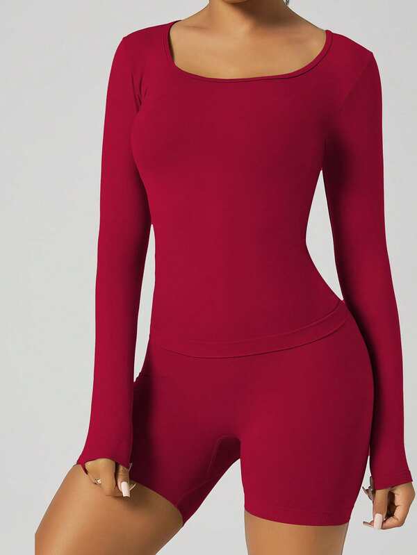 NcmRyu 女士无缝束腰提臀塑形弹力瑜伽、跑步、网球训练长袖短裤运动套装