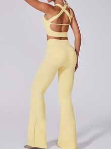 NcmRyu Women's Elastic Backless Camisole And Wide Leg Pants Sports Suit Set - Yellow - View 1