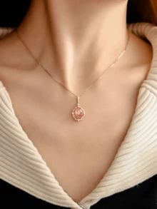 1pc Charming Pink Zirconia Flower Shaped 925 Sterling Silver Necklace For Women, Everyday Wear - Hoa hồng vàng - Xem 3