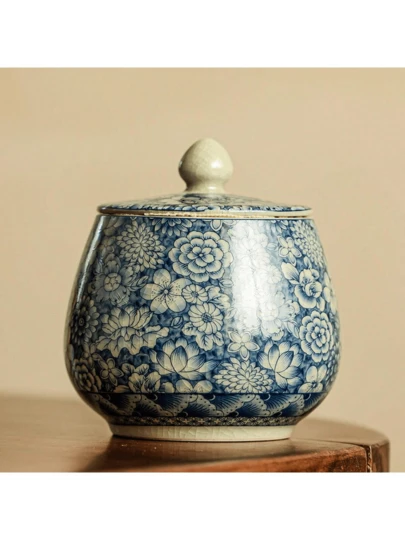 1pc Vintage Blue And White Porcelain Tea Canister, Ceramic Chinese Style Portable Tea Leaf Container, Coffee Bean & Grain Storage Jar