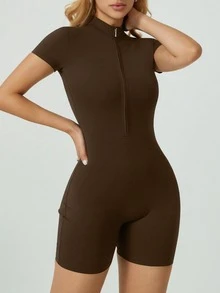 NcmRyu 1pc Solid Color Women Casual Everyday Loose Yoga Comfortable Activewear For Fitness Gym Running And Outdoor Activities Spring/Summer Conjunto Deportivo Mujer - 咖啡棕 - 查看 3