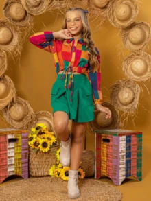 June Party Set Plaid Girl Children's Matching Skirt And Blouse Blogger São João - Green - View 6
