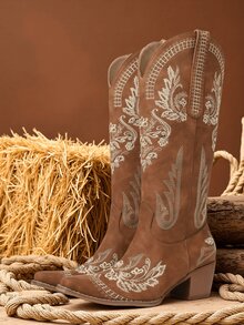 Stylish Dark Brown Boots Cowgirl Outfits For Women Knee High Exquisite Country Concert Embroidery Pointed Toe Half Side Zipper Block Mid Heel Music Festivals Party Bar Concerts Dressy Long Combat Boots For Women - 棕色 - 查看 2