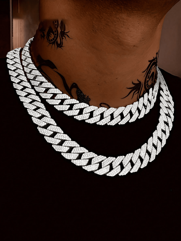 1pc 15mm Cuban Link Chain Curb Chain Necklace, Unisex 3 Rows Rhinestone Hip Hop Necklace Faux Rhinestone Chain For Father's Day Gift