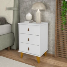 Greece Bedside Table With 3 Drawers And Leather Handles And Wooden Feet Bedroom Side Table Bedside Decoration - 白色 - 查看 2