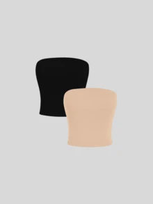 Kit With 3 Cropped Tube Tops For Women, Brown, White And Black, Fitted Model - Beige - View 3